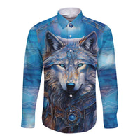 Beautiful Native American Wolf Long Sleeve Button Shirt Galaxy Art - Wonder Print Shop
