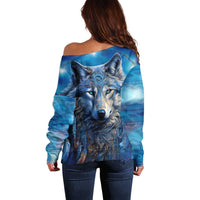 Beautiful Native American Wolf Off Shoulder Sweater Galaxy Art - Wonder Print Shop
