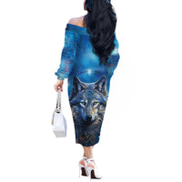 Beautiful Native American Wolf Off The Shoulder Long Sleeve Dress Galaxy Art - Wonder Print Shop