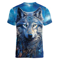 Beautiful Native American Wolf Women V-Neck T-Shirt Galaxy Art - Wonder Print Shop
