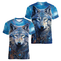 Beautiful Native American Wolf Women V-Neck T-Shirt Galaxy Art - Wonder Print Shop