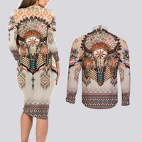 Native American Couples Matching Long Sleeve Bodycon Dress and Long Sleeve Button Shirt Buffalo Skull - Wonder Print Shop
