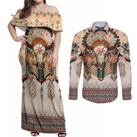 Native American Couples Matching Off Shoulder Maxi Dress and Long Sleeve Button Shirt Buffalo Skull - Wonder Print Shop