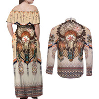 Native American Couples Matching Off Shoulder Maxi Dress and Long Sleeve Button Shirt Buffalo Skull - Wonder Print Shop