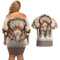 Native American Couples Matching Off Shoulder Short Dress and Hawaiian Shirt Buffalo Skull - Wonder Print Shop