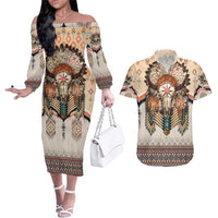 Native American Couples Matching Off The Shoulder Long Sleeve Dress and Hawaiian Shirt Buffalo Skull - Wonder Print Shop