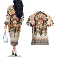 Native American Couples Matching Off The Shoulder Long Sleeve Dress and Hawaiian Shirt Buffalo Skull - Wonder Print Shop