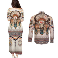 Native American Couples Matching Puletasi and Long Sleeve Button Shirt Buffalo Skull - Wonder Print Shop