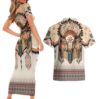 Native American Couples Matching Short Sleeve Bodycon Dress and Hawaiian Shirt Buffalo Skull - Wonder Print Shop
