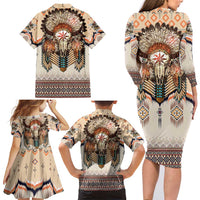 Native American Family Matching Long Sleeve Bodycon Dress and Hawaiian Shirt Buffalo Skull - Wonder Print Shop