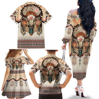 Native American Family Matching Off The Shoulder Long Sleeve Dress and Hawaiian Shirt Buffalo Skull - Wonder Print Shop