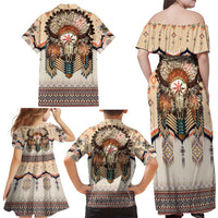 Native American Family Matching Off Shoulder Maxi Dress and Hawaiian Shirt Buffalo Skull - Wonder Print Shop