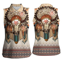 Native American Women Sleeveless Polo Shirt Buffalo Skull - Wonder Print Shop