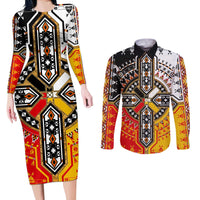 Four Directions Native American Couples Matching Long Sleeve Bodycon Dress and Long Sleeve Button Shirt - Wonder Print Shop