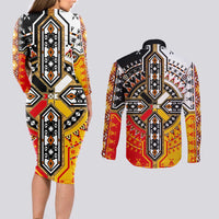 Four Directions Native American Couples Matching Long Sleeve Bodycon Dress and Long Sleeve Button Shirt - Wonder Print Shop