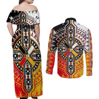 Four Directions Native American Couples Matching Off Shoulder Maxi Dress and Long Sleeve Button Shirt - Wonder Print Shop