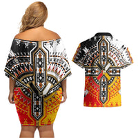 Four Directions Native American Couples Matching Off Shoulder Short Dress and Hawaiian Shirt - Wonder Print Shop