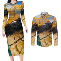 Guatemala Country Pride Couples Matching Long Sleeve Bodycon Dress and Long Sleeve Button Shirt Grunge Map Art with National Landmark Flag Texture - Wonder Print Shop