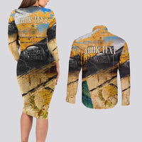 Guatemala Country Pride Couples Matching Long Sleeve Bodycon Dress and Long Sleeve Button Shirt Grunge Map Art with National Landmark Flag Texture - Wonder Print Shop