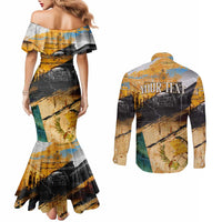 Guatemala Country Pride Couples Matching Mermaid Dress and Long Sleeve Button Shirt Grunge Map Art with National Landmark Flag Texture - Wonder Print Shop