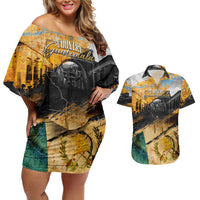 Guatemala Country Pride Couples Matching Off Shoulder Short Dress and Hawaiian Shirt Grunge Map Art with National Landmark Flag Texture - Wonder Print Shop