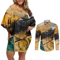 Guatemala Country Pride Couples Matching Off Shoulder Short Dress and Long Sleeve Button Shirt Grunge Map Art with National Landmark Flag Texture - Wonder Print Shop