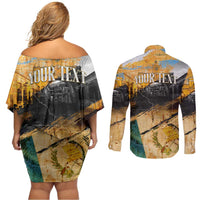 Guatemala Country Pride Couples Matching Off Shoulder Short Dress and Long Sleeve Button Shirt Grunge Map Art with National Landmark Flag Texture - Wonder Print Shop