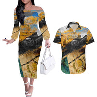 Guatemala Country Pride Couples Matching Off The Shoulder Long Sleeve Dress and Hawaiian Shirt Grunge Map Art with National Landmark Flag Texture - Wonder Print Shop