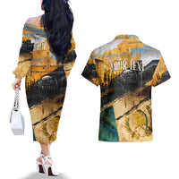 Guatemala Country Pride Couples Matching Off The Shoulder Long Sleeve Dress and Hawaiian Shirt Grunge Map Art with National Landmark Flag Texture - Wonder Print Shop