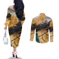 Guatemala Country Pride Couples Matching Off The Shoulder Long Sleeve Dress and Long Sleeve Button Shirt Grunge Map Art with National Landmark Flag Texture - Wonder Print Shop