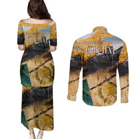Guatemala Country Pride Couples Matching Puletasi and Long Sleeve Button Shirt Grunge Map Art with National Landmark Flag Texture - Wonder Print Shop