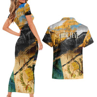 Guatemala Country Pride Couples Matching Short Sleeve Bodycon Dress and Hawaiian Shirt Grunge Map Art with National Landmark Flag Texture - Wonder Print Shop
