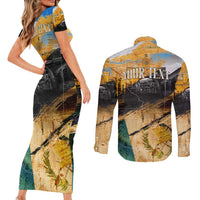 Guatemala Country Pride Couples Matching Short Sleeve Bodycon Dress and Long Sleeve Button Shirt Grunge Map Art with National Landmark Flag Texture - Wonder Print Shop