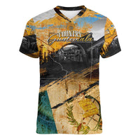 Guatemala Country Pride Women V-Neck T-Shirt Grunge Map Art with National Landmark Flag Texture - Wonder Print Shop