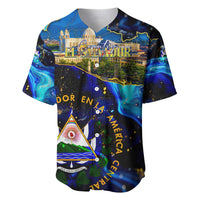 El Salvador Country Pride Baseball Jersey Map Flag and National Emblem Art in Cosmic Blue - Wonder Print Shop