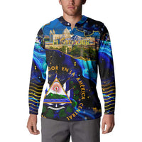 El Salvador Country Pride Button Sweatshirt Map Flag and National Emblem Art in Cosmic Blue - Wonder Print Shop