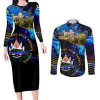 El Salvador Country Pride Couples Matching Long Sleeve Bodycon Dress and Long Sleeve Button Shirt Map Flag and National Emblem Art in Cosmic Blue - Wonder Print Shop