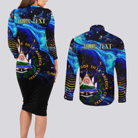 El Salvador Country Pride Couples Matching Long Sleeve Bodycon Dress and Long Sleeve Button Shirt Map Flag and National Emblem Art in Cosmic Blue - Wonder Print Shop
