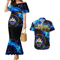 El Salvador Country Pride Couples Matching Mermaid Dress and Hawaiian Shirt Map Flag and National Emblem Art in Cosmic Blue - Wonder Print Shop