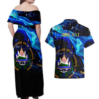 El Salvador Country Pride Couples Matching Off Shoulder Maxi Dress and Hawaiian Shirt Map Flag and National Emblem Art in Cosmic Blue - Wonder Print Shop