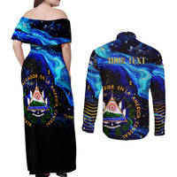 El Salvador Country Pride Couples Matching Off Shoulder Maxi Dress and Long Sleeve Button Shirt Map Flag and National Emblem Art in Cosmic Blue - Wonder Print Shop