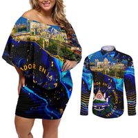 El Salvador Country Pride Couples Matching Off Shoulder Short Dress and Long Sleeve Button Shirt Map Flag and National Emblem Art in Cosmic Blue - Wonder Print Shop