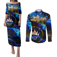 El Salvador Country Pride Couples Matching Puletasi and Long Sleeve Button Shirt Map Flag and National Emblem Art in Cosmic Blue - Wonder Print Shop