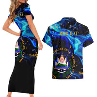El Salvador Country Pride Couples Matching Short Sleeve Bodycon Dress and Hawaiian Shirt Map Flag and National Emblem Art in Cosmic Blue - Wonder Print Shop