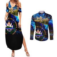 El Salvador Country Pride Couples Matching Summer Maxi Dress and Long Sleeve Button Shirt Map Flag and National Emblem Art in Cosmic Blue - Wonder Print Shop