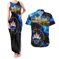 El Salvador Country Pride Couples Matching Tank Maxi Dress and Hawaiian Shirt Map Flag and National Emblem Art in Cosmic Blue - Wonder Print Shop