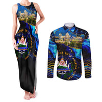 El Salvador Country Pride Couples Matching Tank Maxi Dress and Long Sleeve Button Shirt Map Flag and National Emblem Art in Cosmic Blue - Wonder Print Shop