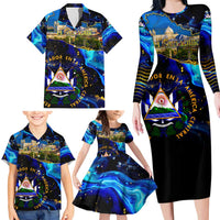 El Salvador Country Pride Family Matching Long Sleeve Bodycon Dress and Hawaiian Shirt Map Flag and National Emblem Art in Cosmic Blue - Wonder Print Shop