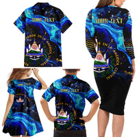 El Salvador Country Pride Family Matching Long Sleeve Bodycon Dress and Hawaiian Shirt Map Flag and National Emblem Art in Cosmic Blue - Wonder Print Shop