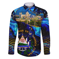 El Salvador Country Pride Family Matching Long Sleeve Bodycon Dress and Hawaiian Shirt Map Flag and National Emblem Art in Cosmic Blue - Wonder Print Shop